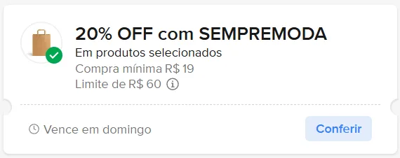 Cupom 20% OFF com SEMPREMODA no Mercado Livre